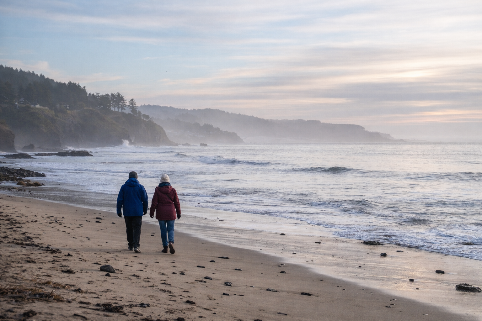 Winter beachcombing along the Oregon Coast near Depoe Bay with ocean waves and sandy shoreline