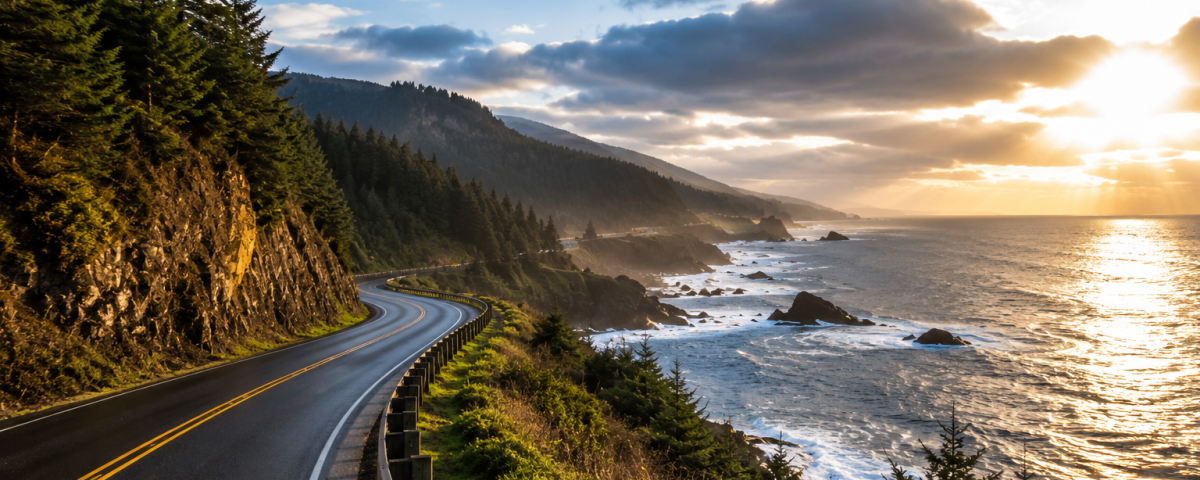 Scenic coastal highway winding along the Oregon Coast near Depoe Bay during a winter sunset