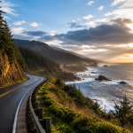 Scenic coastal highway winding along the Oregon Coast near Depoe Bay during a winter sunset