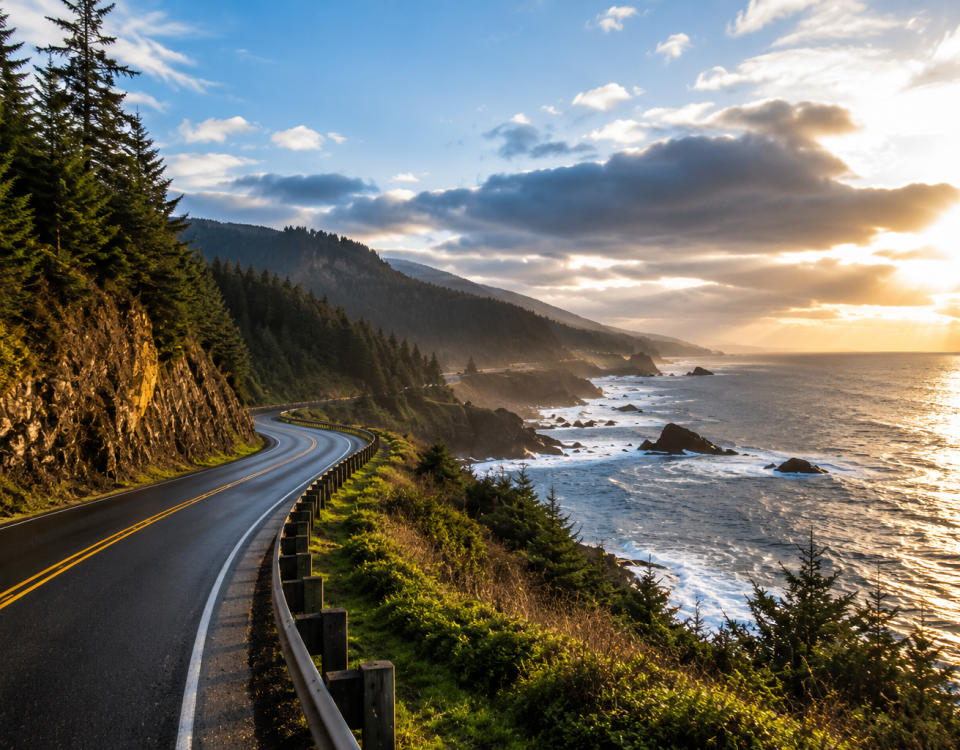 Scenic coastal highway winding along the Oregon Coast near Depoe Bay during a winter sunset