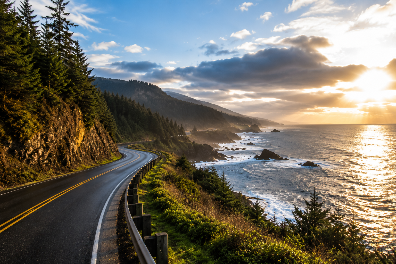 Scenic coastal highway winding along the Oregon Coast near Depoe Bay during a winter sunset