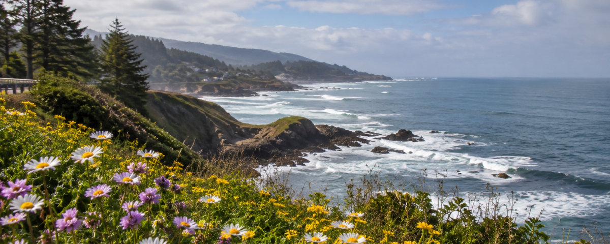 Colorful spring wildflowers blooming along a coastal bluff overlooking the Pacific Ocean near Depoe Bay, Oregon