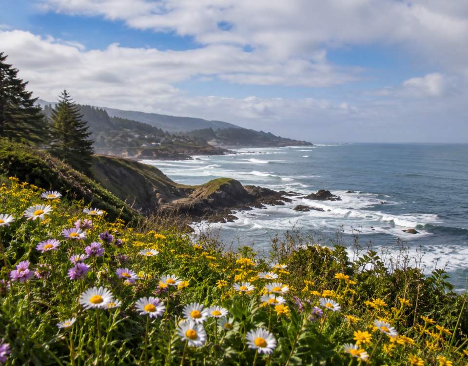 Colorful spring wildflowers blooming along a coastal bluff overlooking the Pacific Ocean near Depoe Bay, Oregon