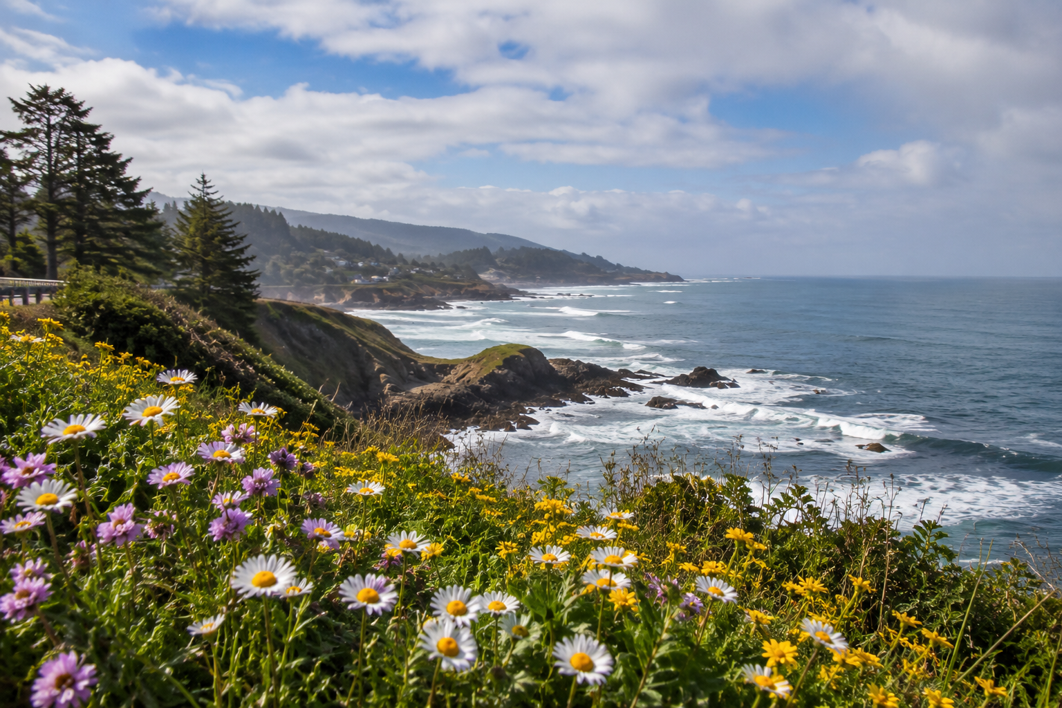 Colorful spring wildflowers blooming along a coastal bluff overlooking the Pacific Ocean near Depoe Bay, Oregon