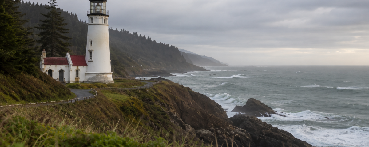Historic Oregon Coast lighthouse overlooking the Pacific Ocean near Newport during a spring sunset