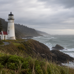 Historic Oregon Coast lighthouse overlooking the Pacific Ocean near Newport during a spring sunset