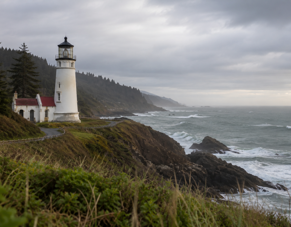 Historic Oregon Coast lighthouse overlooking the Pacific Ocean near Newport during a spring sunset