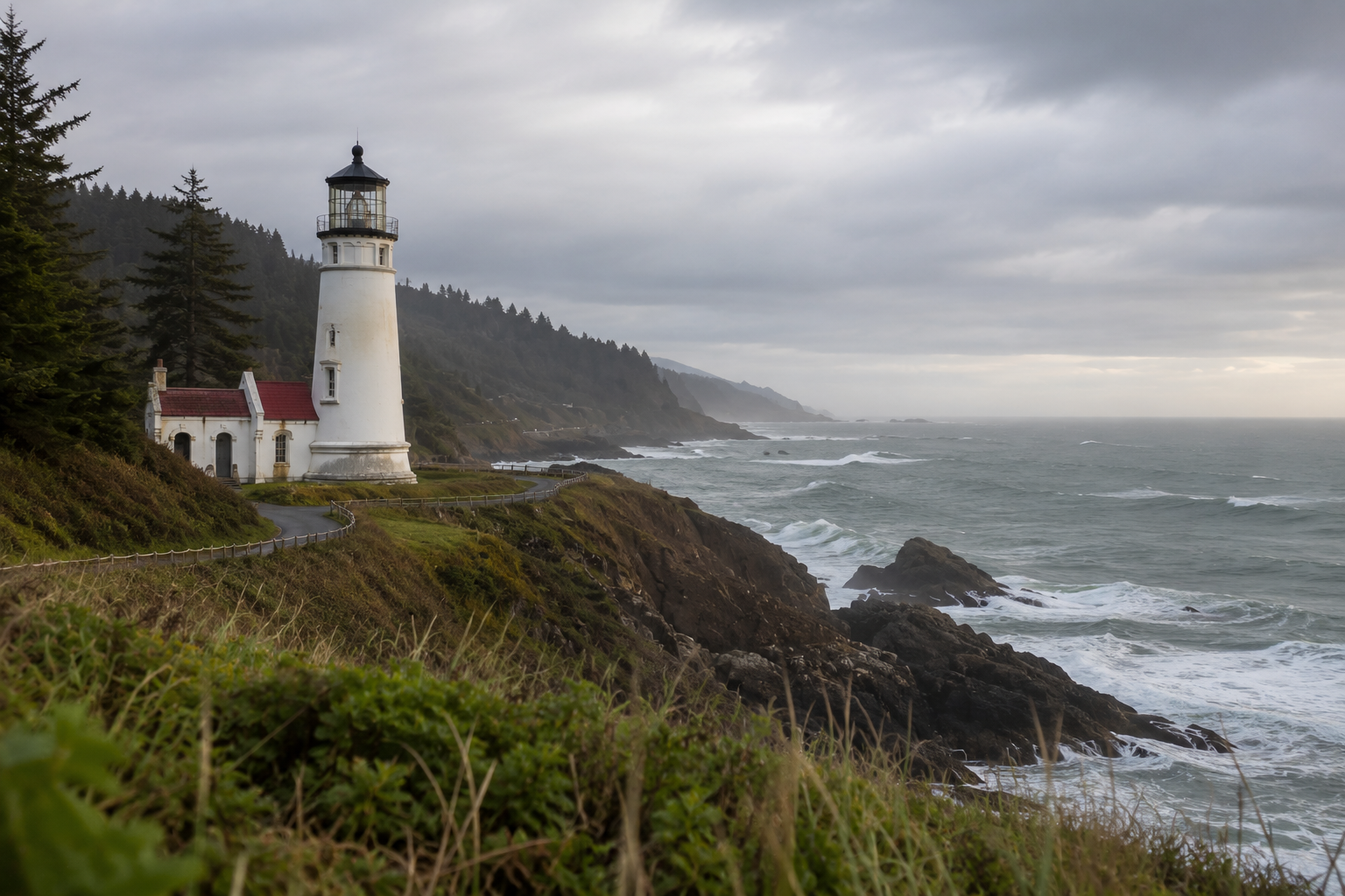 Historic Oregon Coast lighthouse overlooking the Pacific Ocean near Newport during a spring sunset
