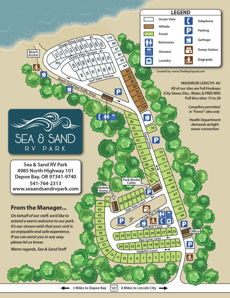 Sea & Sand RV Park Campground Map - Depoe Bay Oregon Campground map of Sea & Sand RV Park showing ocean view, hillside, and forest RV sites in Depoe Bay, Oregon